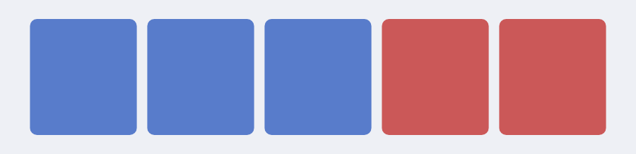 Three blue squares next to two red squares.
