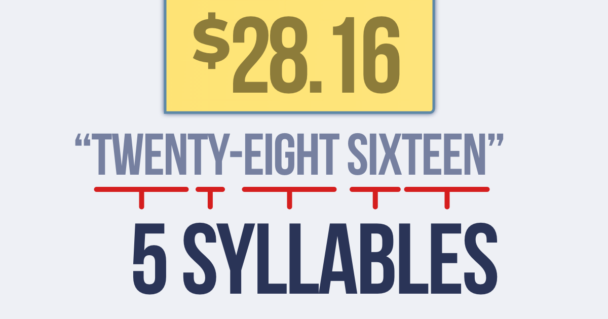 $28.16 has 5 syllables ("twenty-eight sixteen")