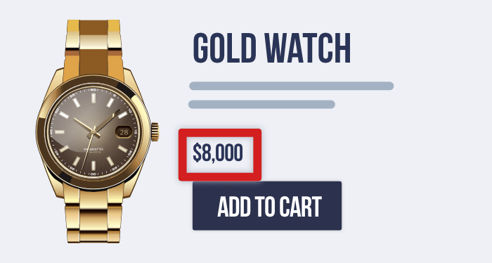 An ecommerce page selling a $8,000 gold watch with the price visually small, as if it doesn't matter