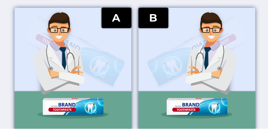 Two ads with dentists. One is on the left facing right, while the other is on the right facing left