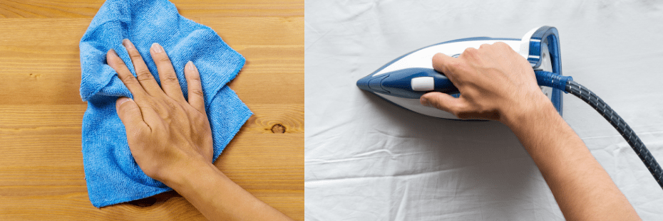 Close-up shots from commercial of hand wiping surface and ironing