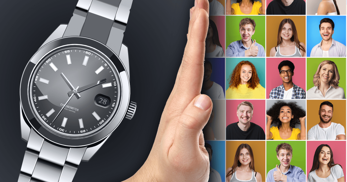 A giant hand pushing away a large collage of people further away from an expensive watch