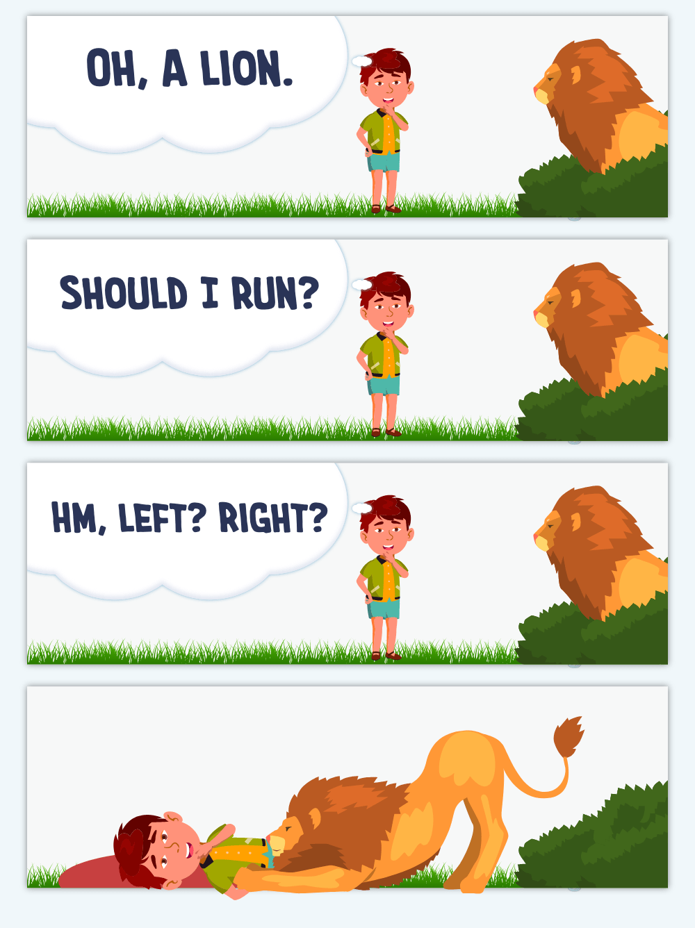 Cartoon of boy debating whether to run away from a lion. He takes too long and gets eaten