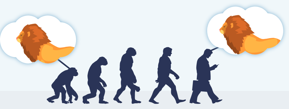 Shows stages of evolution from ape to man. Original ape has thought bubble of lion, and this thought bubble is being passed down through each stage of evolution to the final modern-day man