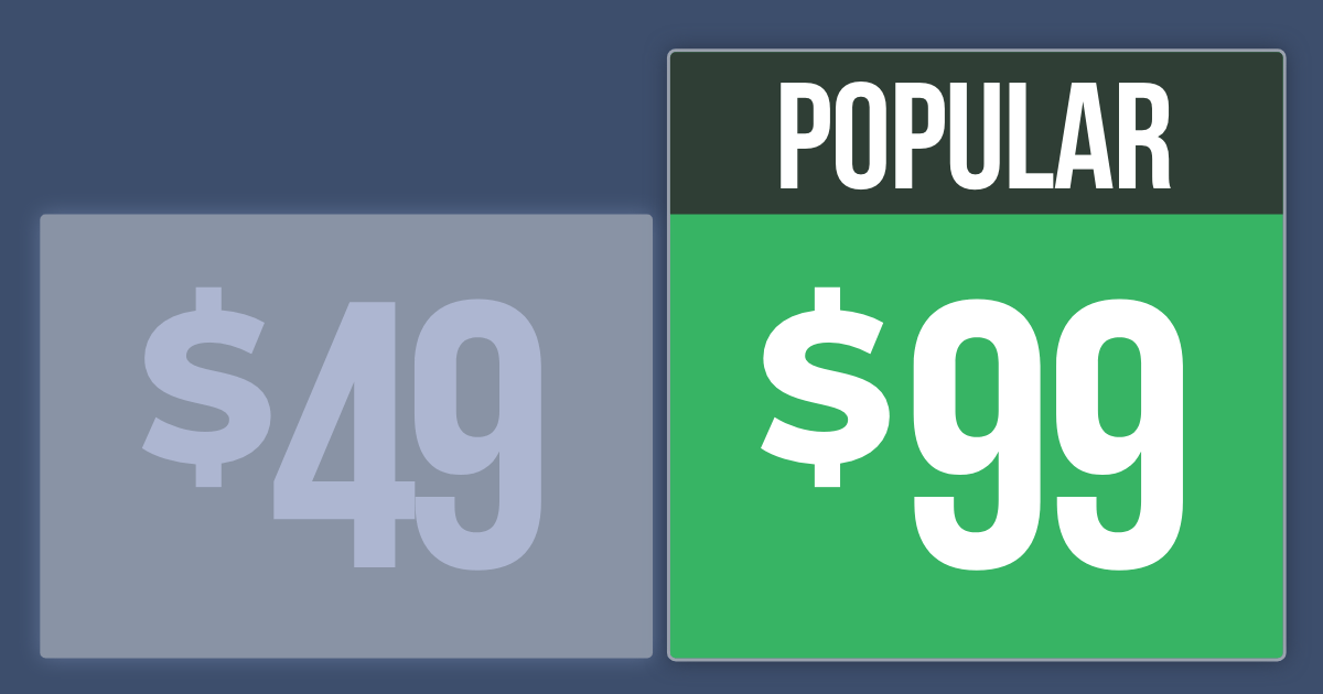 Two pricing plans: $49 and $99. The $99 plan has a more vibrant background.