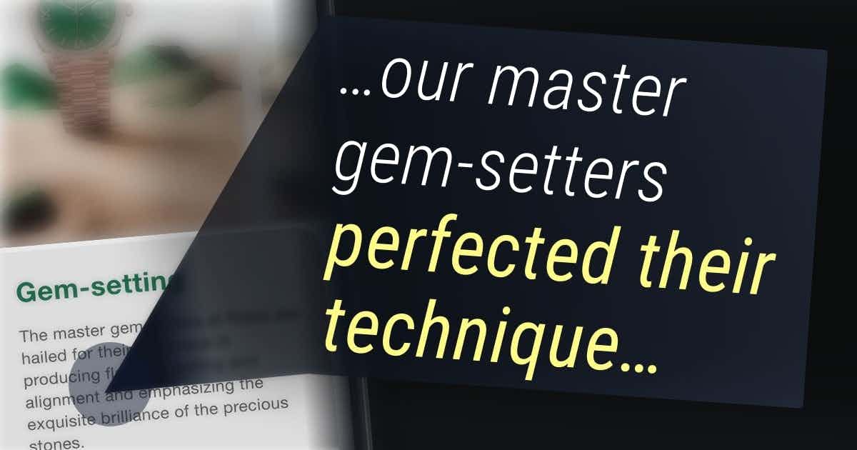 A website that says "our master gem-setters perfected their technique"