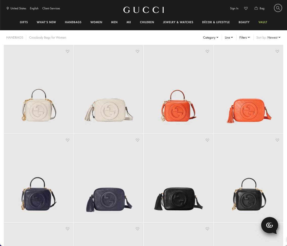 A luxury website with products surrounded by gray space