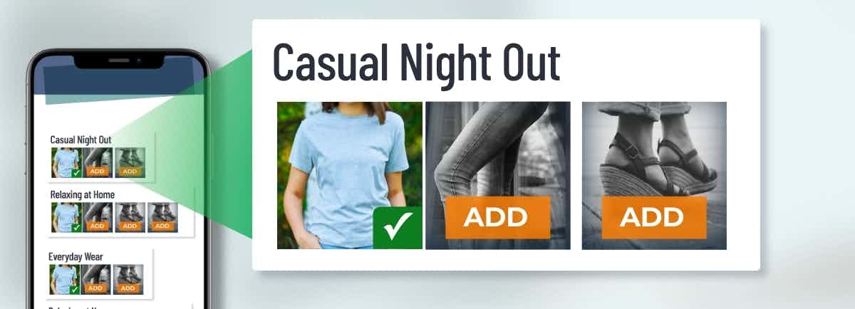 A "casual night out" bundle with three clothing items, and one product is already purchased