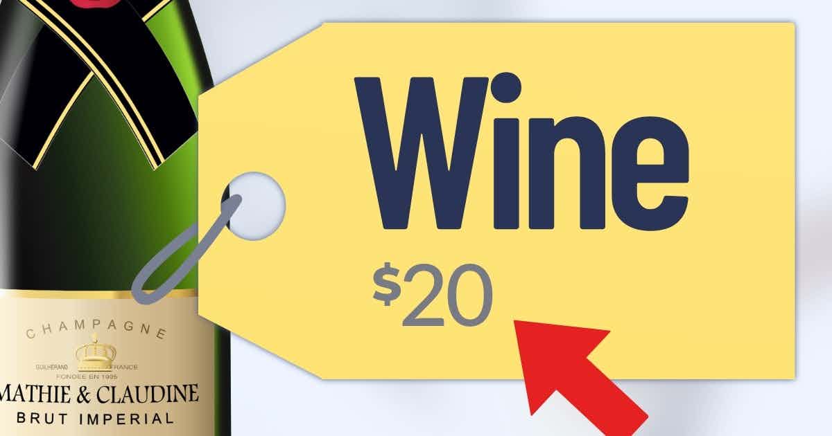 A wine bottle with a price tag. A bad application shows an enlarged $20, whereas a good application shows the word "Wine" enlarged with a visually small $20