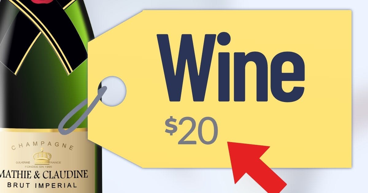 A wine bottle with a price tag. A bad application shows an enlarged $20, whereas a good application shows the word "Wine" enlarged with a visually small $20