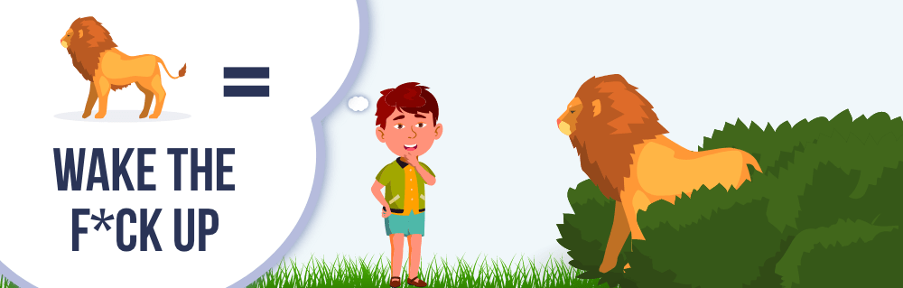 Boy sees lion with thought bubble "Lion = wake up"