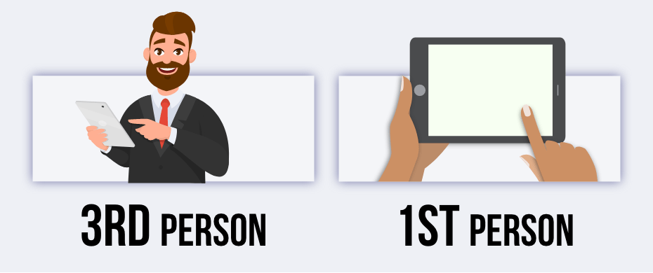 Picture of person holding tablet which is 3rd person vs picture of the tablet being held, as if the viewer is holding it which is 1st person