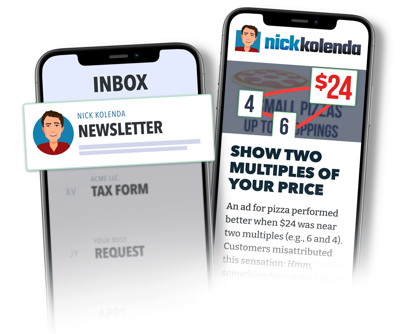 Cell phone showing email inbox with Nick Kolenda's newsletter, along with an example newsletter that seems super interesting