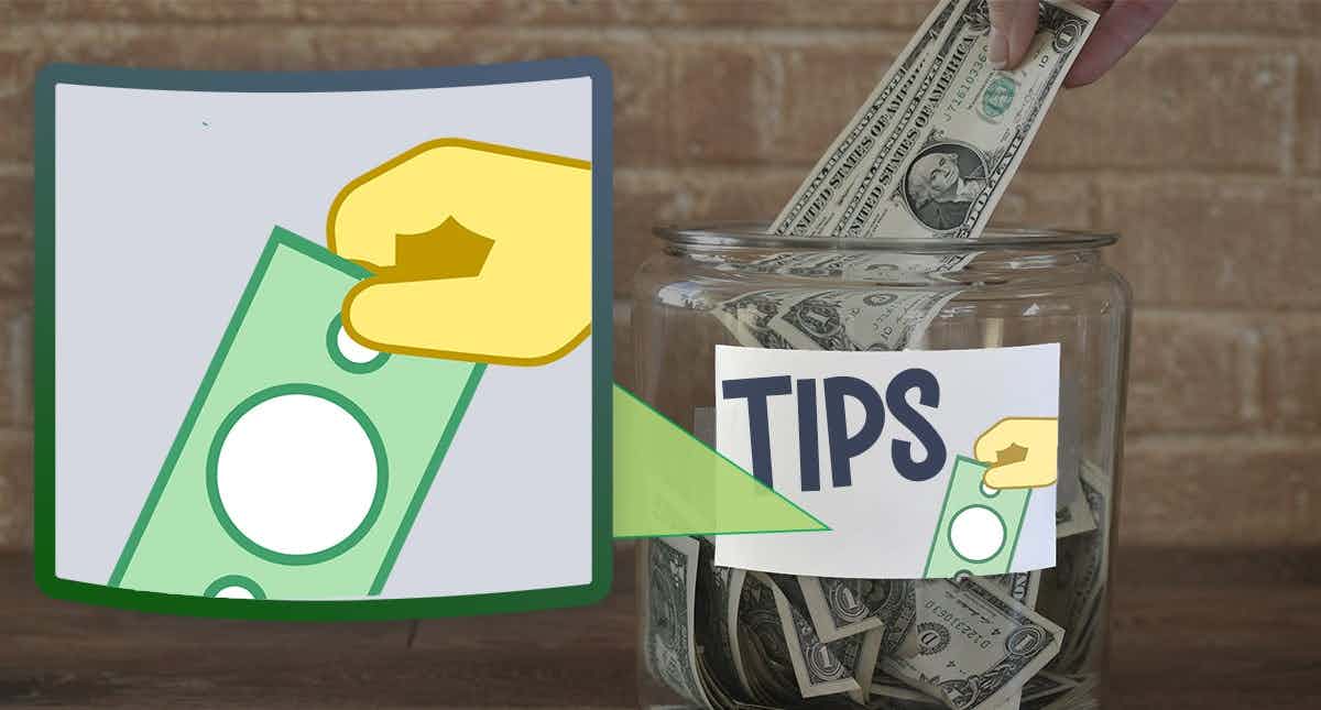 Tip jar with hand graphic donating money