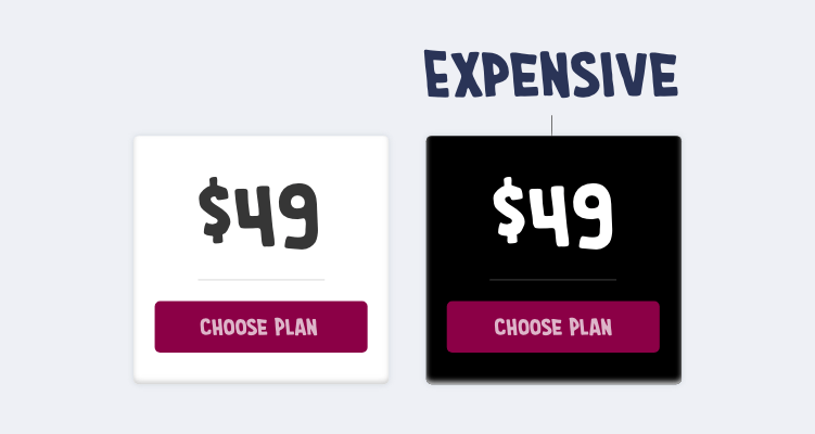 Prices on a white and dark background, but the dark background looks more expensive