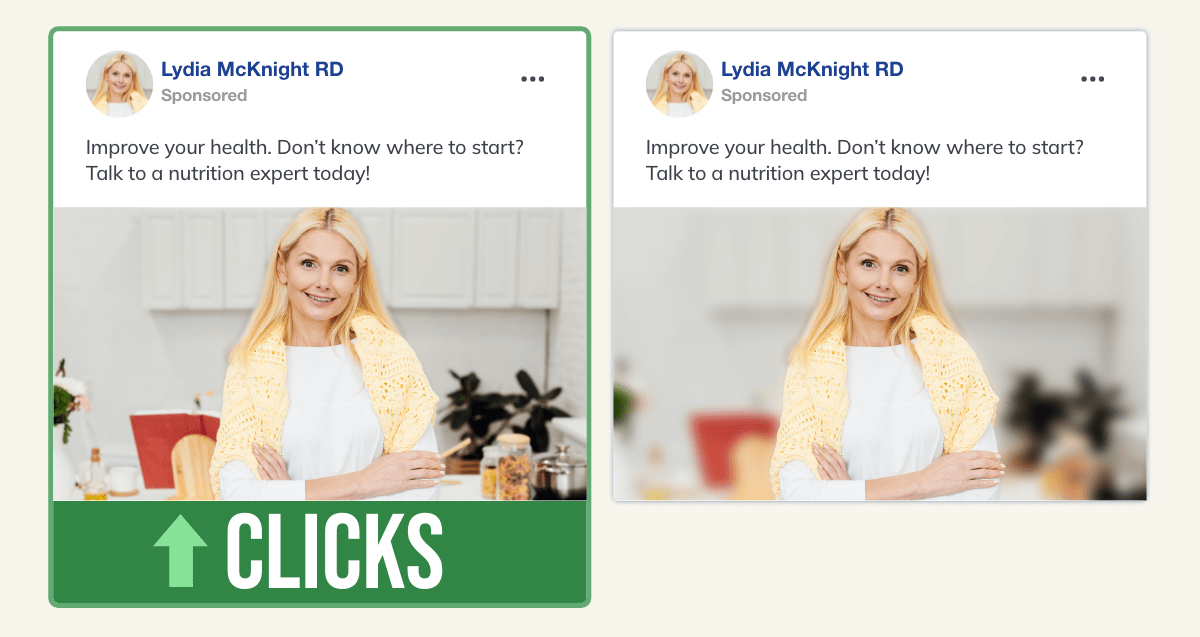 Two facebook ads for a nutrition consultation. Each shows a woman in a kitchen, but one shows a blurred kitchen. The version without the blur received more clicks