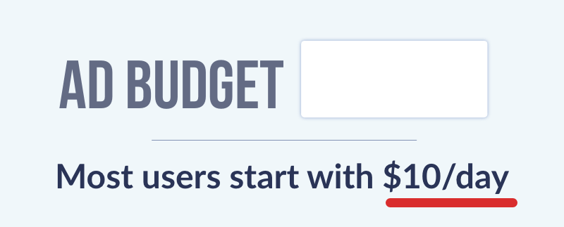 Field for ad budget with message: "Most users start with $10 per day"