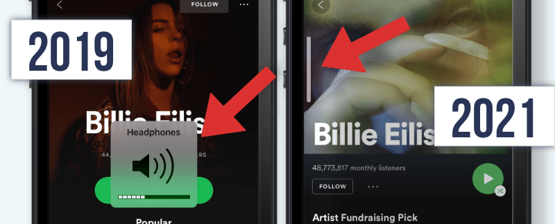 Spotify interface from 2019 where Apple headphones overlay is obscuring the interface, and a 2021 interface where the function is noticeable but tucked away