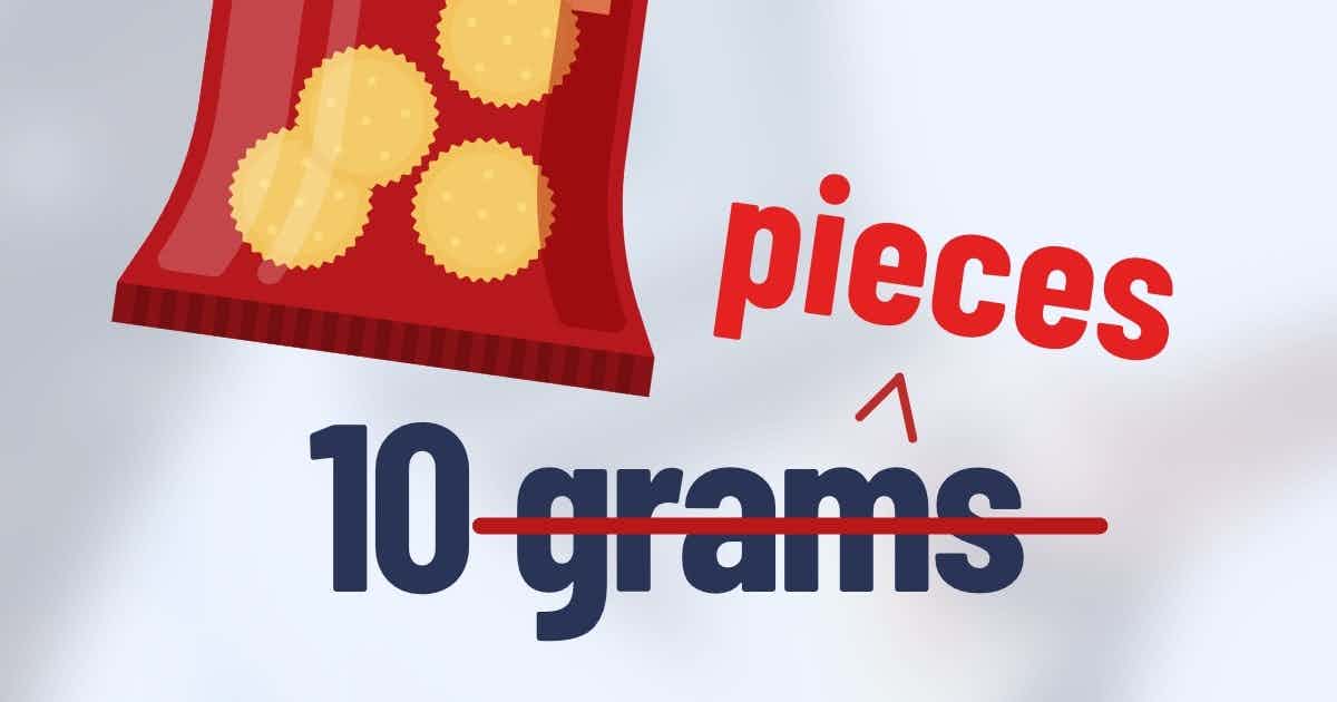 Bag of chips with 10 grams, and "grams" is replaced with "pieces"
