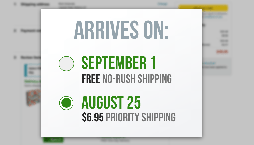 Amazon popup for selecting shipping method. The user chooses a more expensive option that arrives by August 25, compared to free shipping that arrives September 1 (a new month)