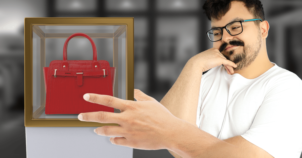 A slobbish man trying to touch a luxury handbag, but can't touch it because of a glass enclosure